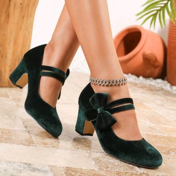Elegant Fashion Round Toe Thick Heel Shallow Mouth Bow Decor Velvet Thick Heel - Picture 1 of 5